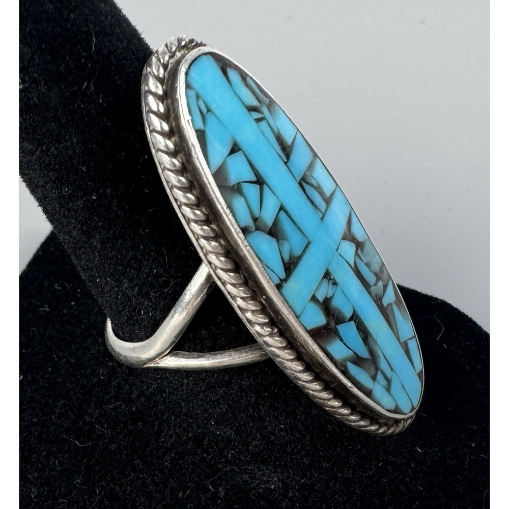Turquoise Mosaic Cross Silver Ring Size 6.5 Southwestern 1 5/8" Statement